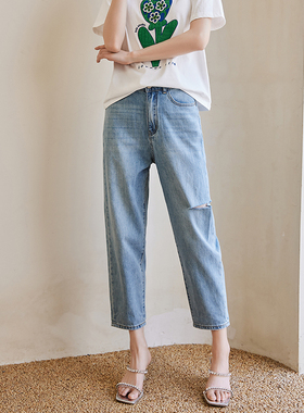 Lucidy-鲁思蒂2024夏季新款高腰浅色水洗牛仔裤长裤哈伦裤