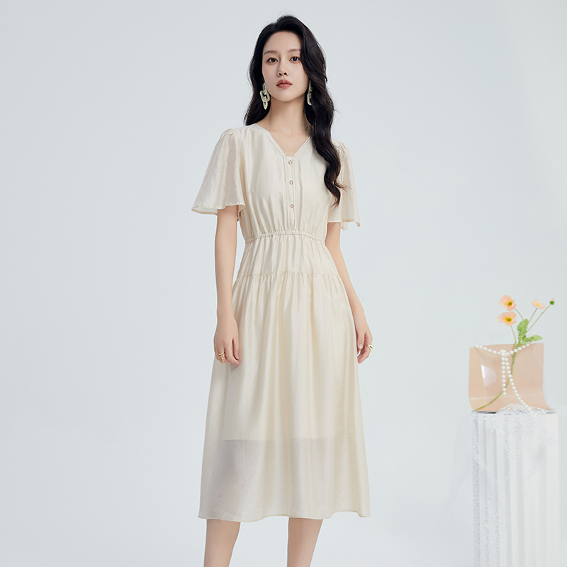 鲁思蒂V领显瘦飞飞袖中长连衣裙