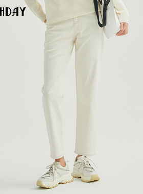 highday轩日2023商场休闲女裤冬季新款白色高腰直筒牛仔长裤chic