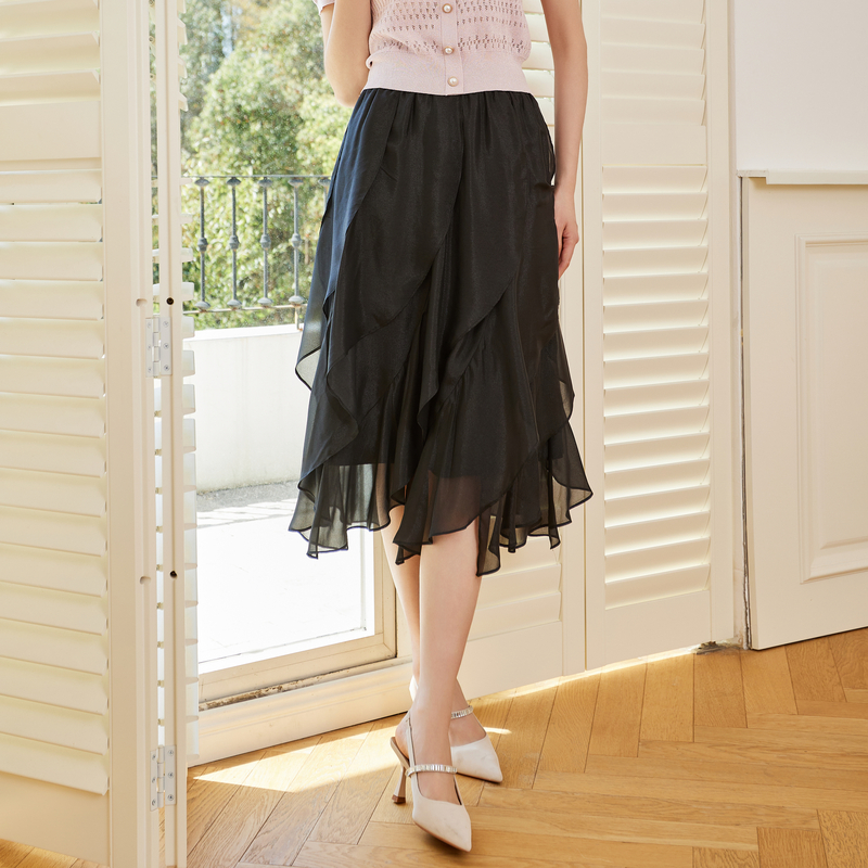 鲁思蒂黑色半身裙女2025新款夏季气质休闲高腰显瘦荷叶边中长裙子