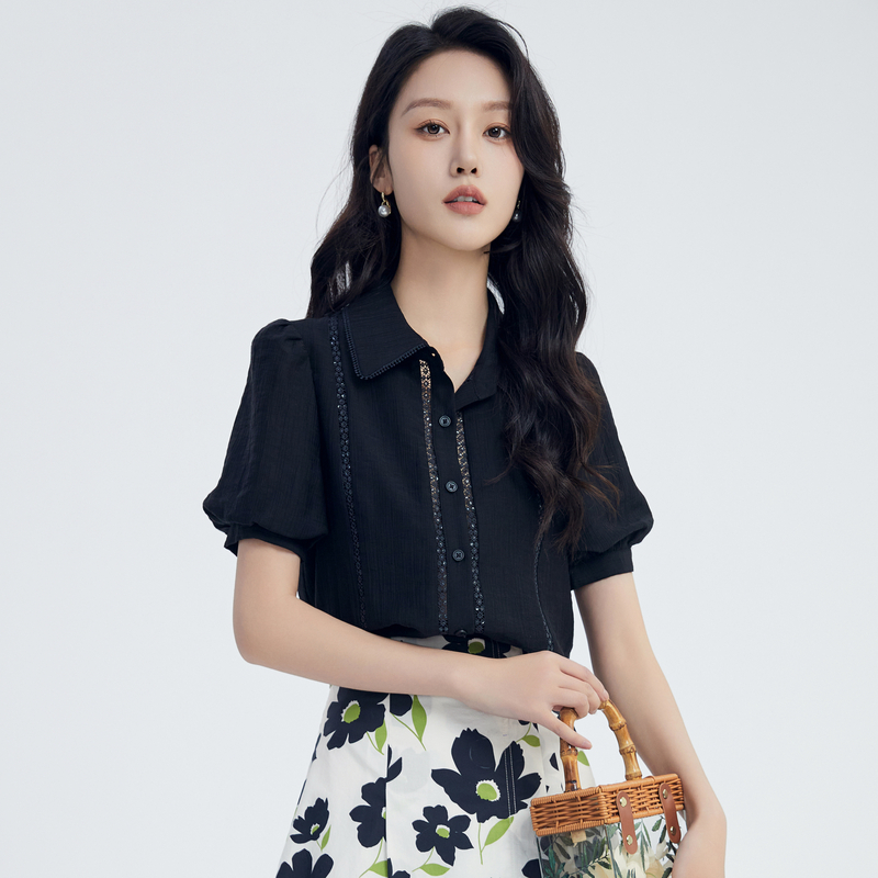 鲁思蒂黑色短袖衬衫2025新款女夏季设计感小众时尚休闲小个子上衣