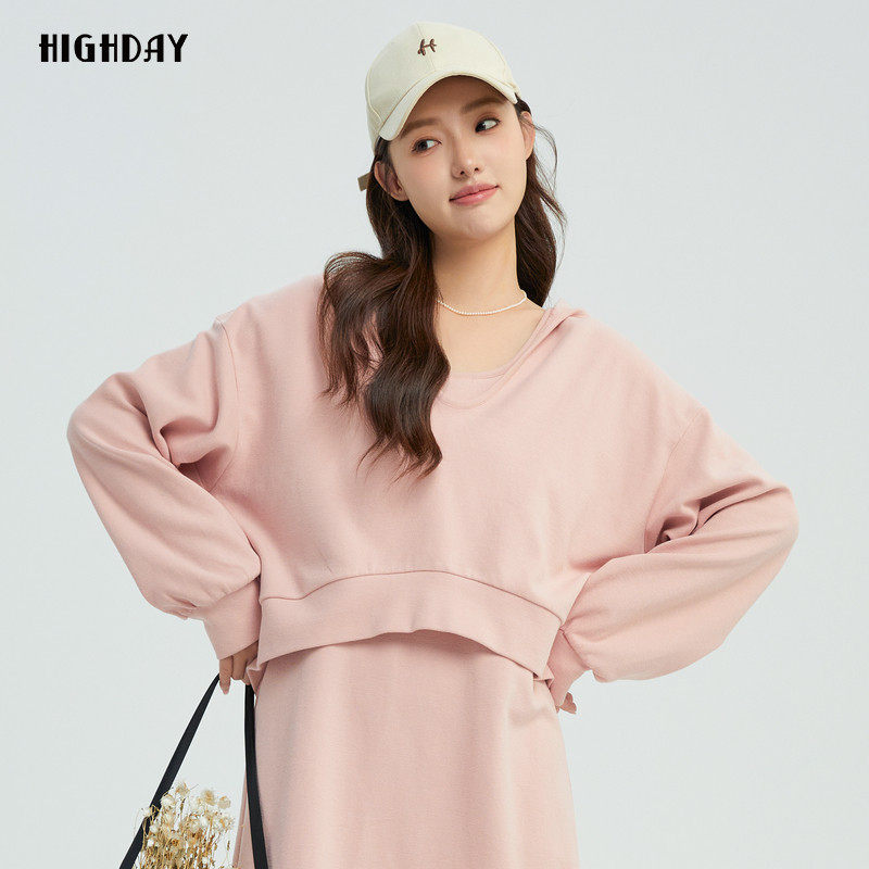 轩日2025春秋新款浅粉色套头宽松长袖上衣女松弛感连帽落肩卫衣潮