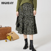 highday轩日2023冬季 新款 高腰半身裙女复古碎花加绒a字过膝中长裙