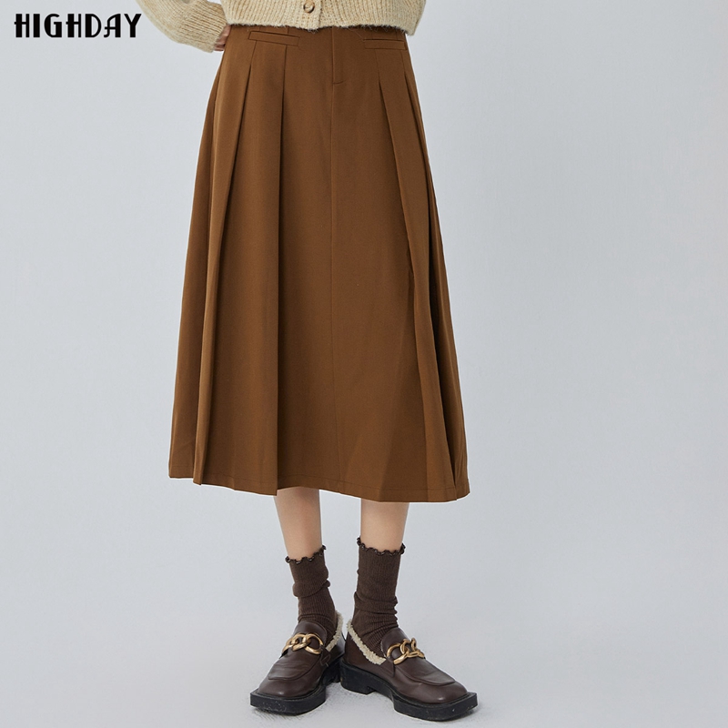 highday轩日2025春秋新款学院风高腰半身裙女英伦纯色过膝中长裙