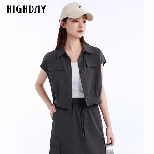 HIGHDAY轩日2026夏新款深灰色工装马夹女翻领口袋设计感休闲百搭