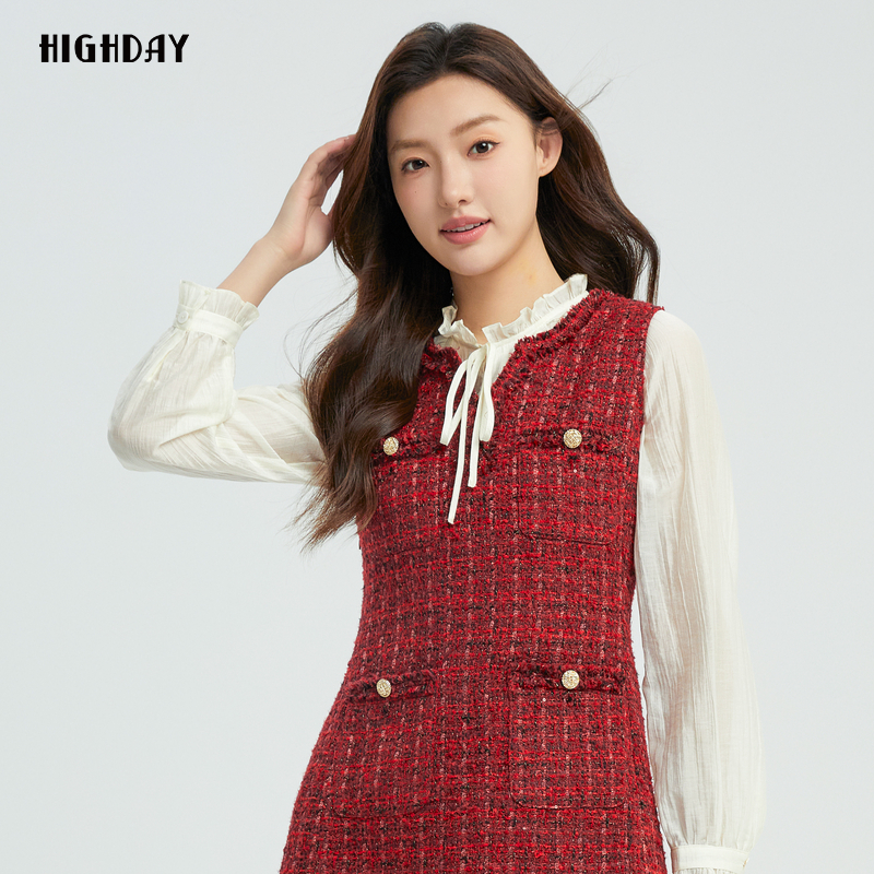 轩日2024商场同款秋季V领背心裙女修身通勤亮丝无袖小香风连衣裙