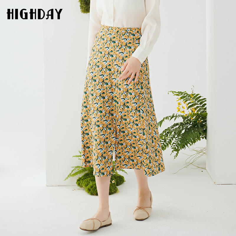 highday轩日2023春秋高腰半身裙女气质碎花中长过膝裙a字开叉裙子