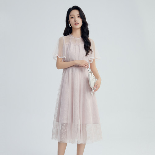 鲁思蒂粉色网纱短袖连衣裙2026新款女夏季气质显瘦圆领中长款裙子