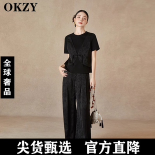 OKZY夏季 手工盘扣圆领体恤显瘦上衣 新款 改良轻国风假两件T恤衫