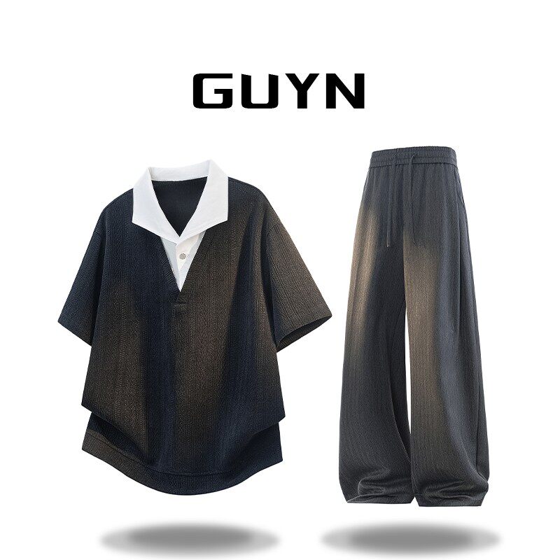 GUYN老钱风短袖t恤套装男士夏季薄款美式复古假两件翻领休闲裤子