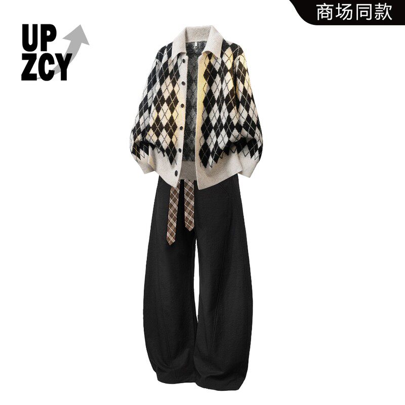 UPZCY休闲格纹开衫毛衣男秋冬季美式潮流百搭慵懒风百搭时尚套装