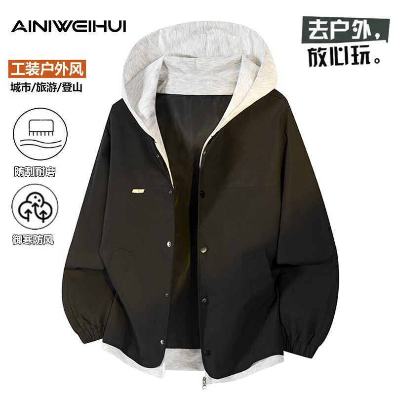 AINI秋季情侣新款假两件连帽夹克男士潮流宽松休闲工装外套上衣