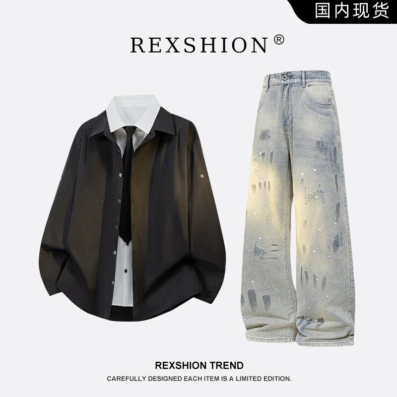 REXSHION美式套装复古潮牌宽松长袖秋冬季休闲小众舒适男士上衣