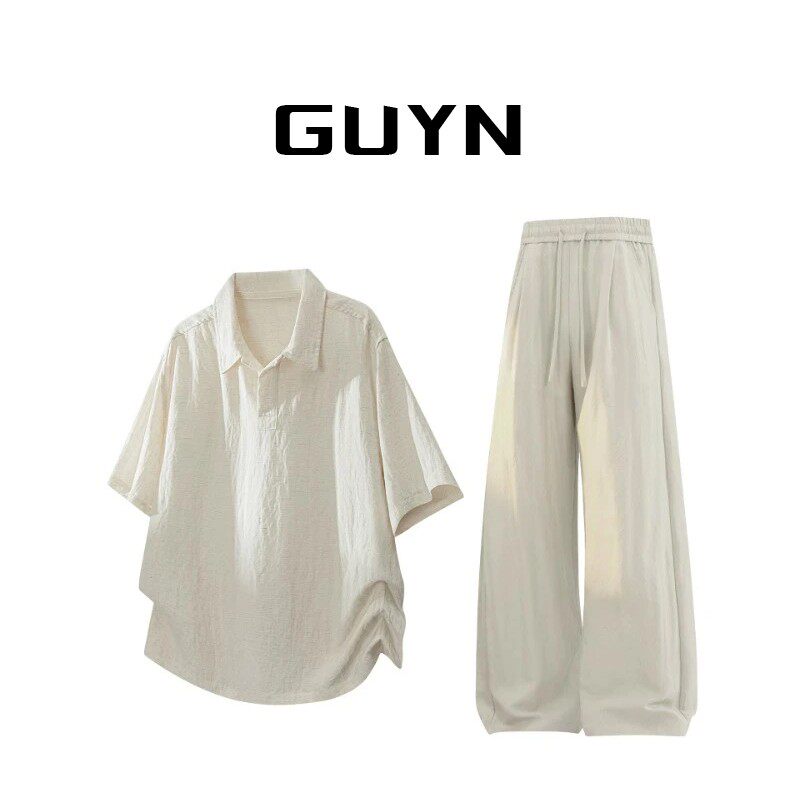 GUYN老钱风莱赛尔亚麻短袖T恤短裤休闲套装男夏季薄款透气一整套