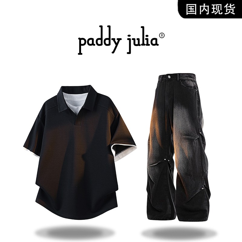 Paddy julia美式潮流短袖T恤套装男士夏季薄款休闲复古牛仔裤男装