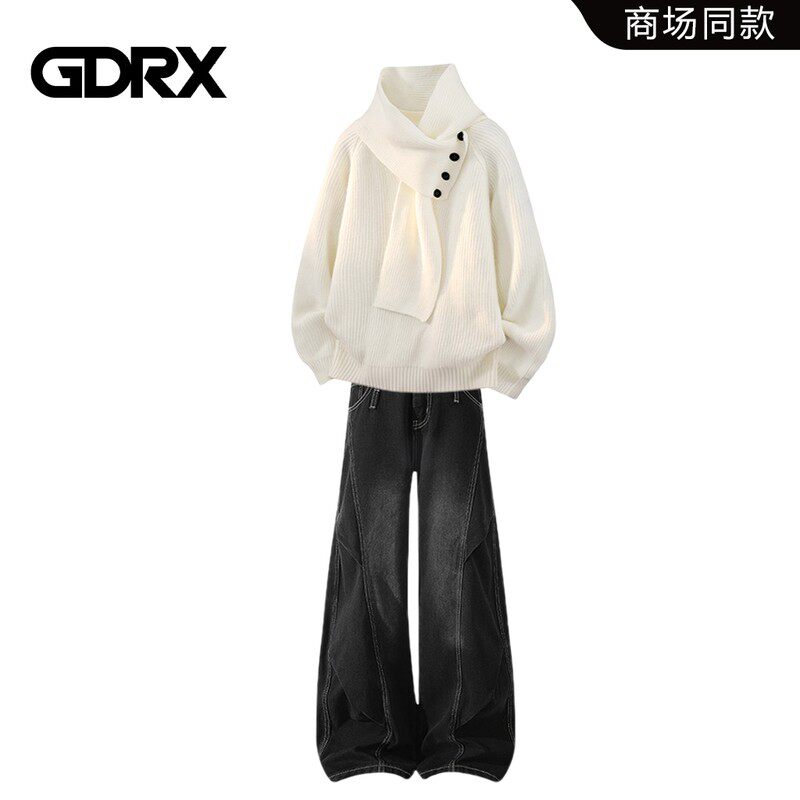 GDRX慵懒风半高领毛衣套装2026秋季新款宽松痞帅牛仔裤两件套男装