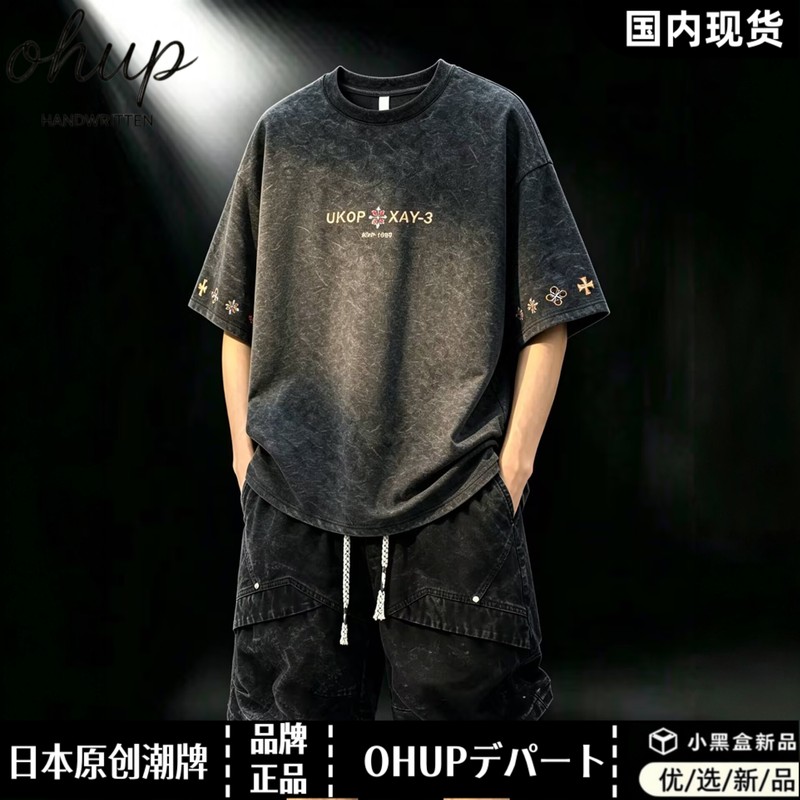 日本OHUPデパート美式刺绣T恤男夏季凉感宽松圆领半袖牛仔短裤套
