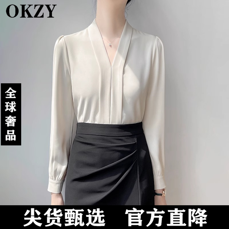 OKZY2025年春秋新款长袖V领衬衫女通勤职业面试衬衣高级感上衣