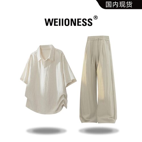 WEIIONESS老钱风短袖衬衫套装男士夏季新款莱赛尔亚麻运动两件套