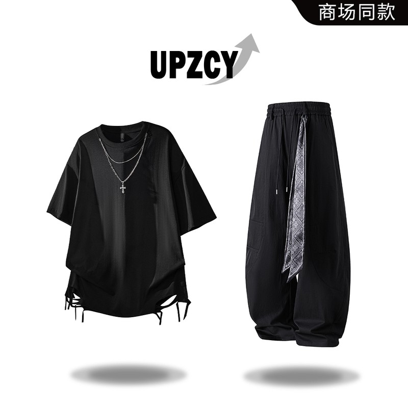 UPZCY美式潮流嘻哈短袖T恤男士夏季设计感休闲时尚痞帅男装两件套