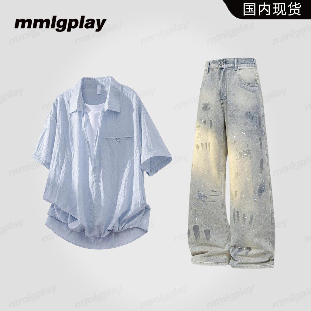mmlgplay莱赛尔冰感休闲短袖衬衫男夏季薄款套装假两件设计感上衣