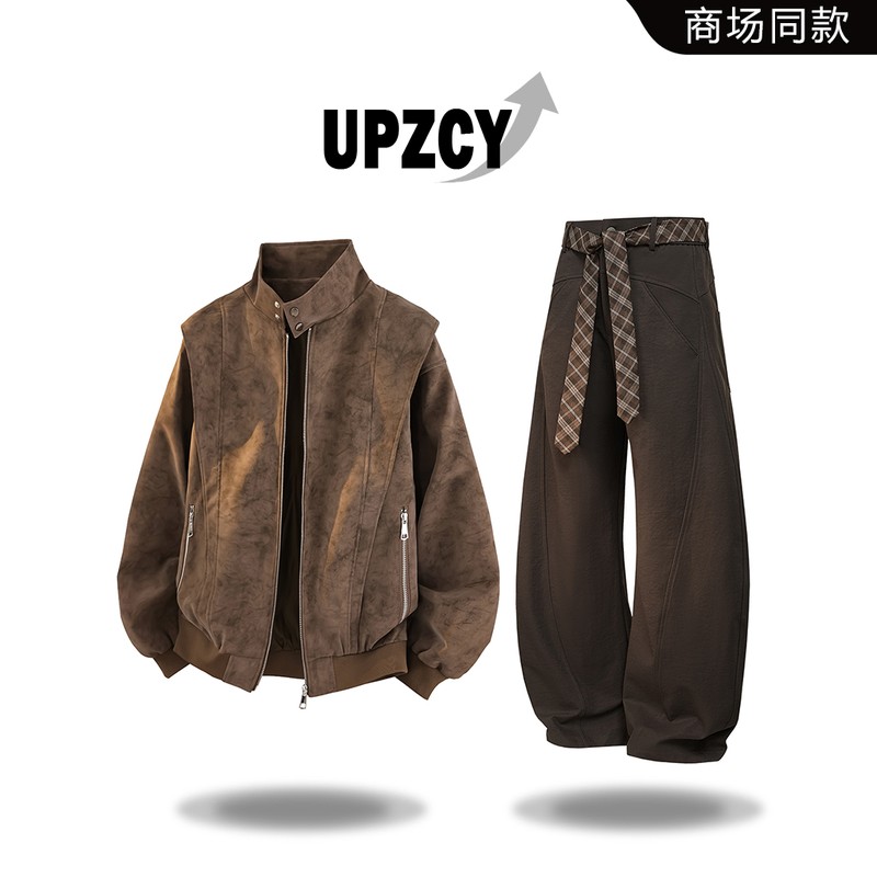 UPZCY美式潮流复古立领皮衣男秋季休闲风宽松痞帅时尚男装两件套
