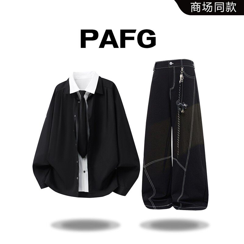 PAFG美式复古假两件衬衫男士秋季新款宽松痞帅休闲百搭衬衣两件套