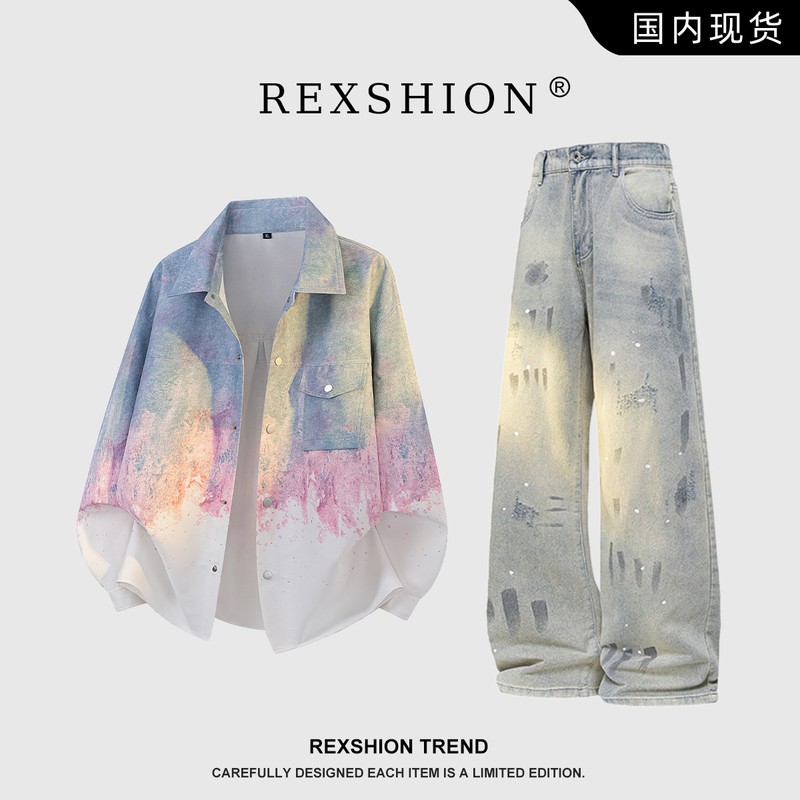 REXSHION美式潮牌扎染渐变长袖衬衫男秋季宽松休闲痞帅百搭两件套