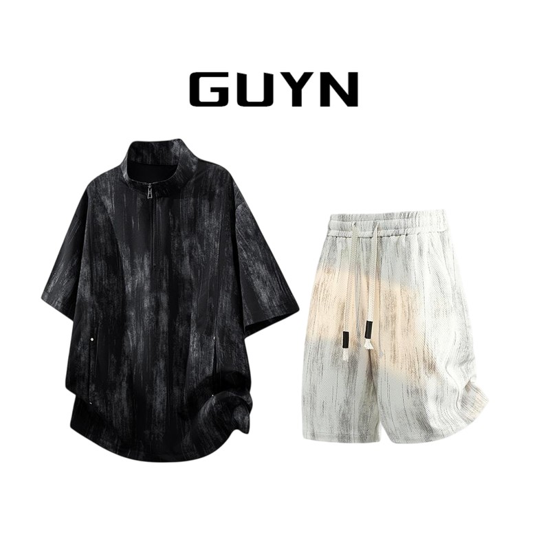GUYN男士时尚扎染短袖潮流高级感T恤套装夏季半开领运动短裤套装