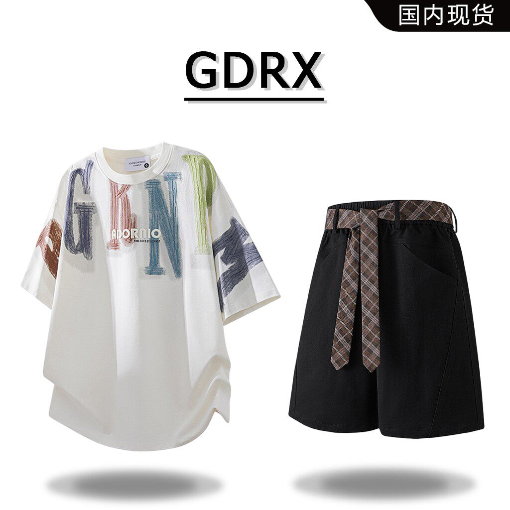 GDRX涂鸦字母印花短袖T恤套装2026夏季新款高级感短裤两件套男装