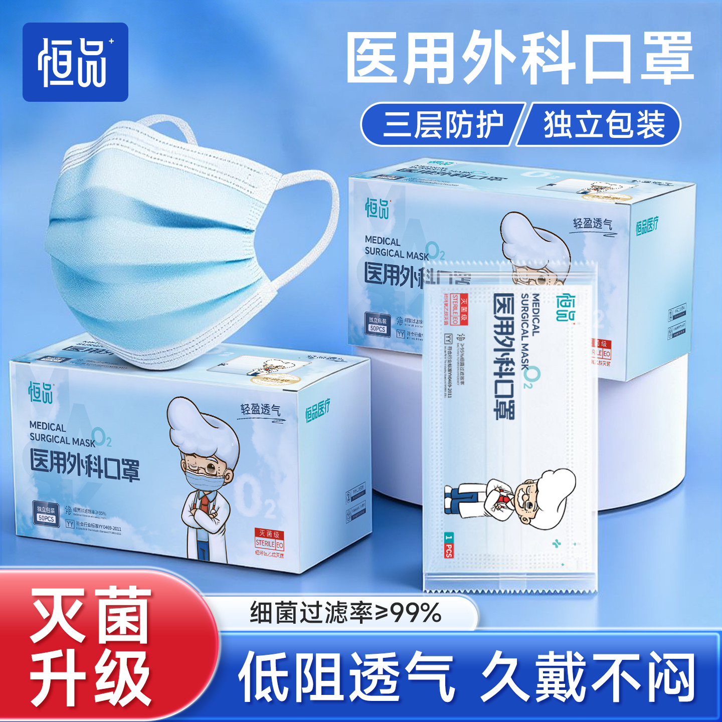 低阻一次性口罩医疗恒品医用三层防护2025新款正品灭菌级单独包装
