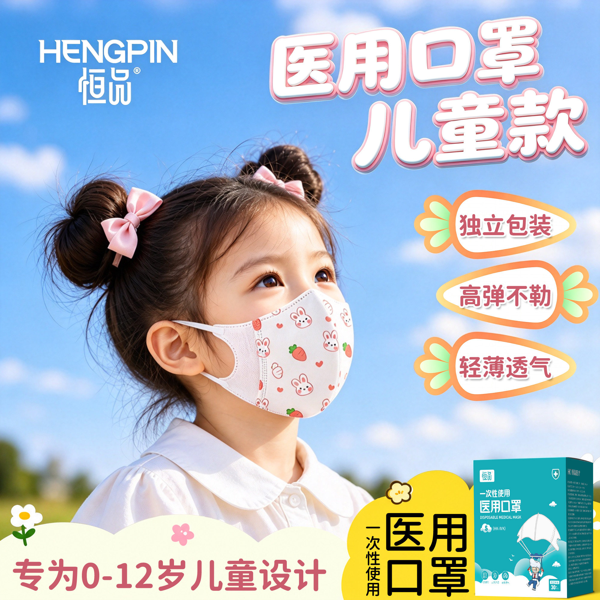 恒品医用儿童口罩一次性独立包装男童女孩婴幼儿宝宝小孩秋冬专用