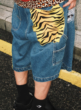 GameOne 24SS “唱片虎”重磅牛仔短裤美式hiphop滑板bboy迷彩