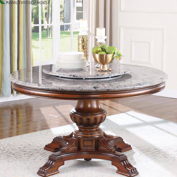 美式实木天然大理石餐桌欧式圆形餐桌椅组合圆桌家用创意高端简约