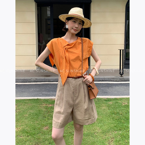 A东方雅致纯棉透气不对称飘带款上衣女衬衫夏季H19791
