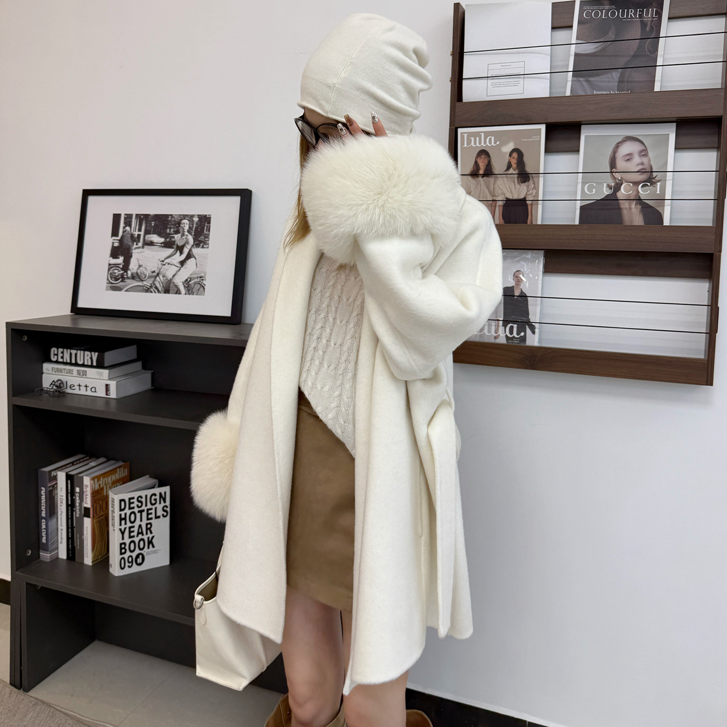 2025秋冬新款狐狸毛袖大毛双面呢大衣女羊绒高级感气质羊毛呢外套