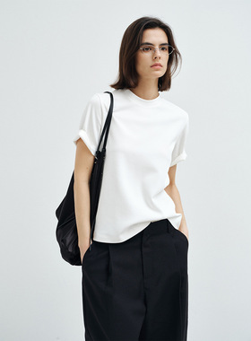 COLNE春季新款太空棉针织圆领简约微宽松廓形休闲T恤C6028