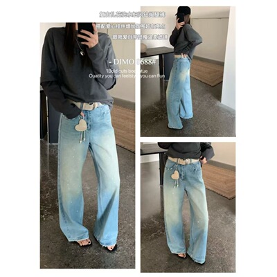 十三行DIMO【森缕服饰】时尚重工烫钻弯刀裤牛仔裤设计感拖地阔腿