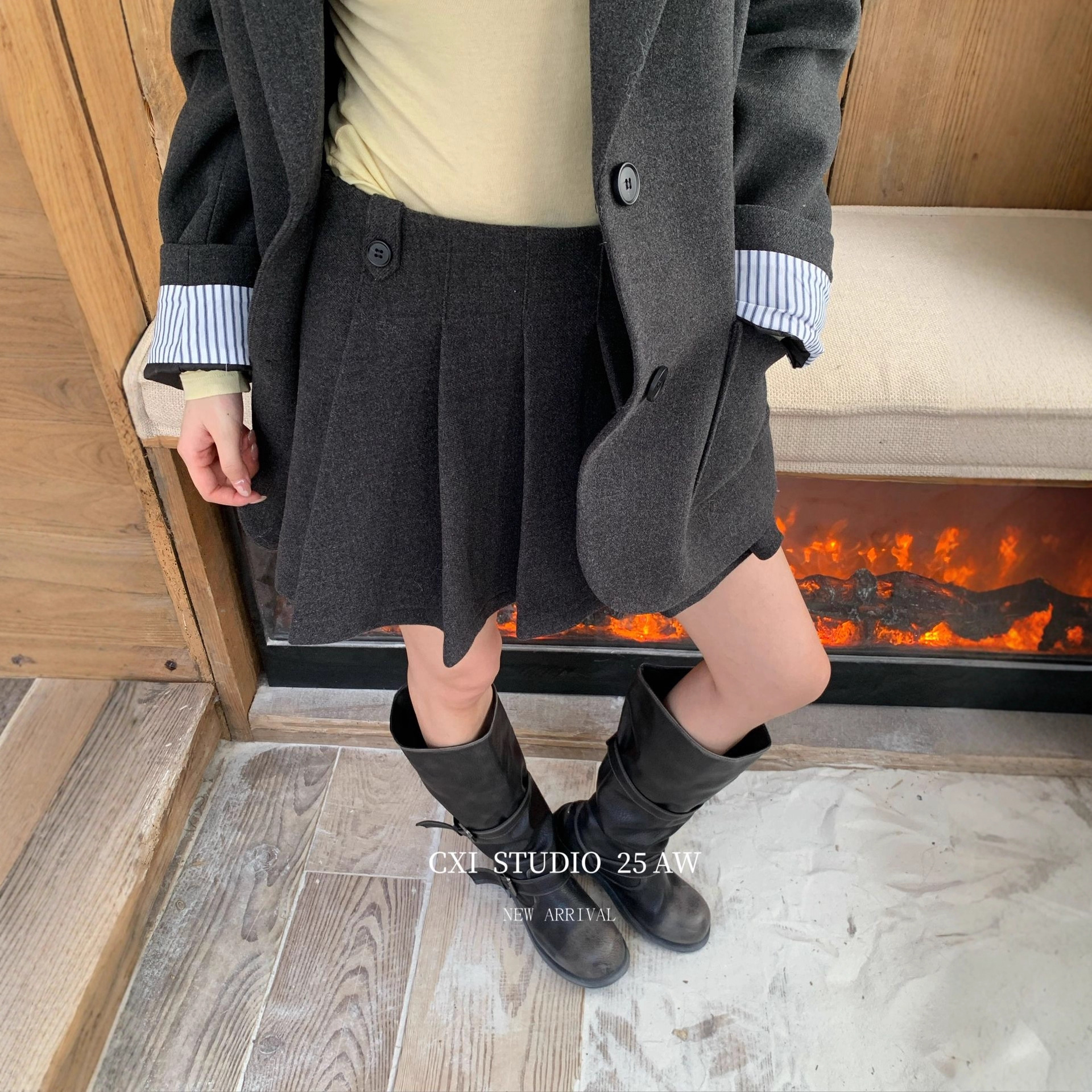 CXI 羊毛jk百褶裙女冬季低腰显瘦a字裙小个子学院风半裙百搭短裙