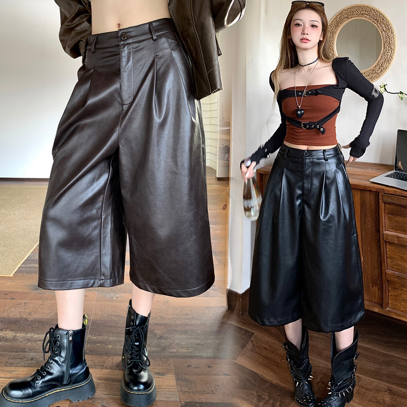 咖色八分pu皮裤女款2025新款秋冬季高腰显瘦宽松七分裤直筒阔腿