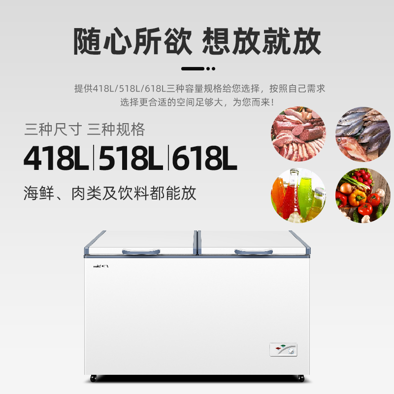 新飞卧式双门大容量冷藏冷冻商用冰柜超市冻肉雪糕深底展示柜家用