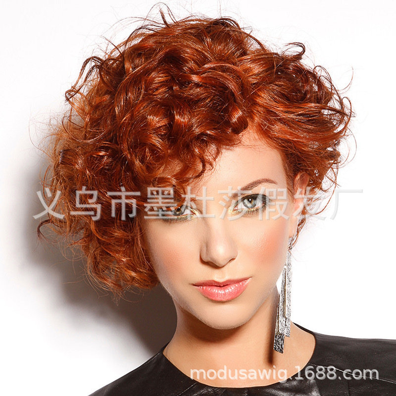 欧美女假发短发 外贸铜红色短卷女士整顶假发