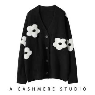 高级感韩版新款山羊绒开衫女V领加厚宽松慵懒风针织毛衣绣花外套