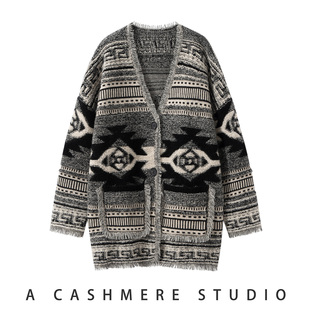 高级感重工提花山羊绒开衫女宽松慵懒风流苏中长款毛衣外套针织女