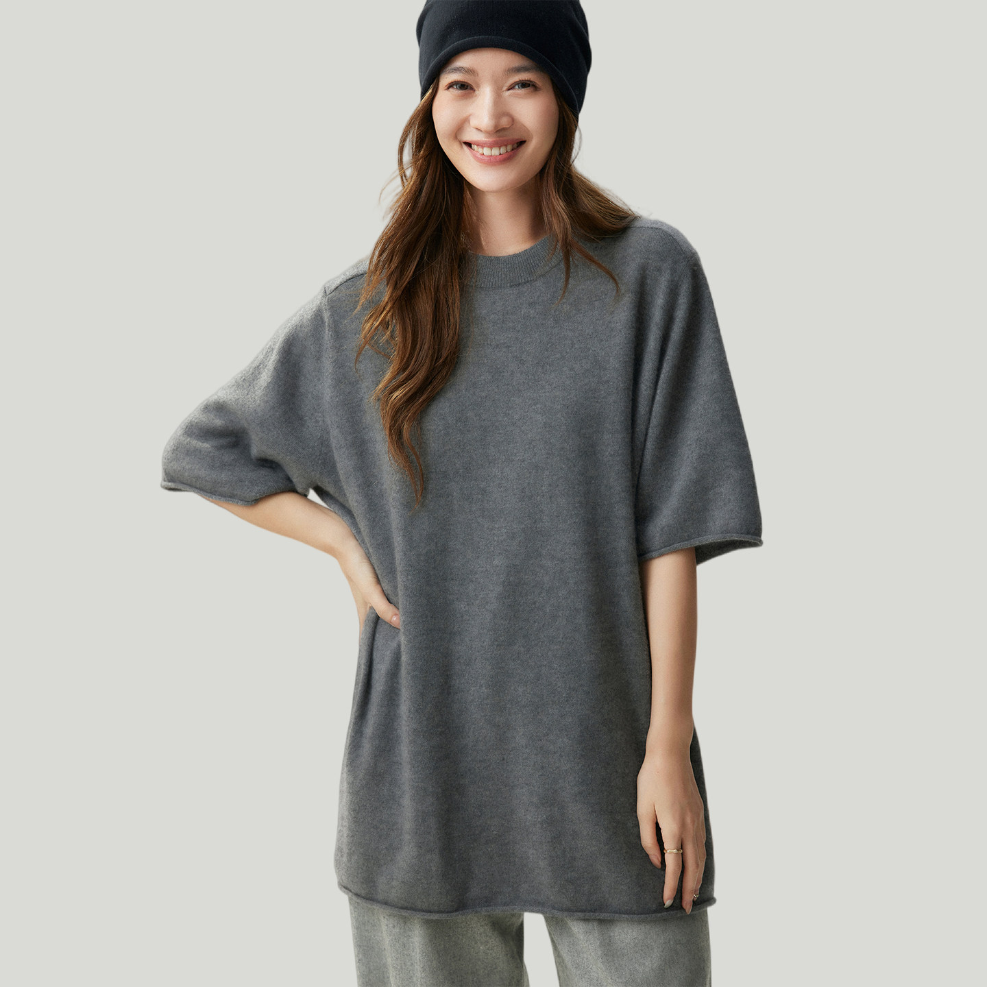 极简山羊绒衫女保暖圆领短袖毛衣