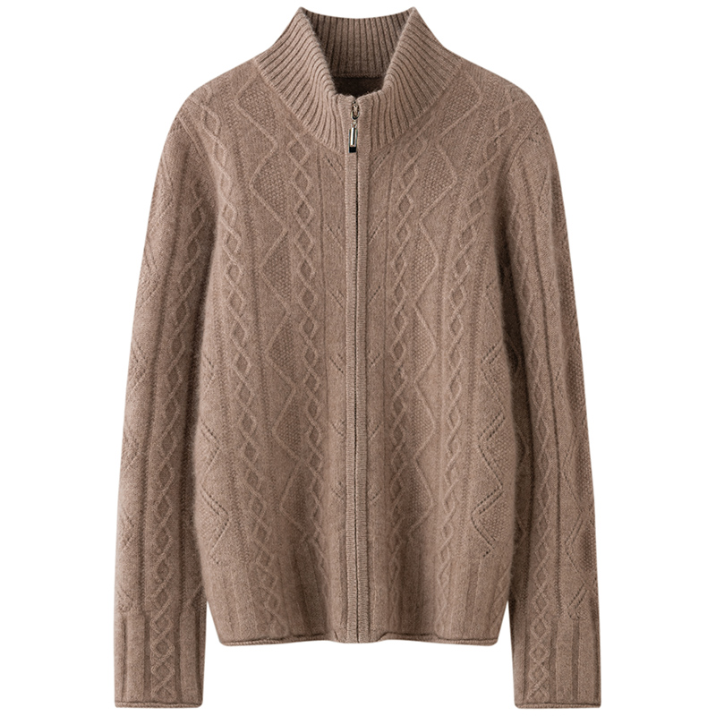 轻奢半高领绞花山羊绒开衫女外套