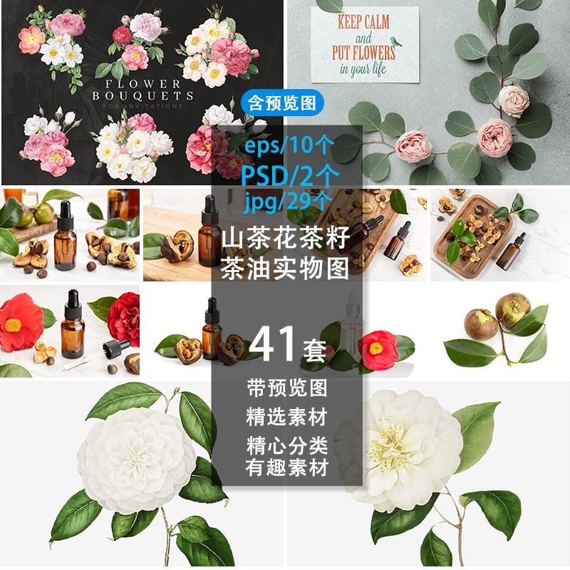 山茶花茶籽茶油实物图素材花卉字母集合eps高级 Psd贴图展示样机