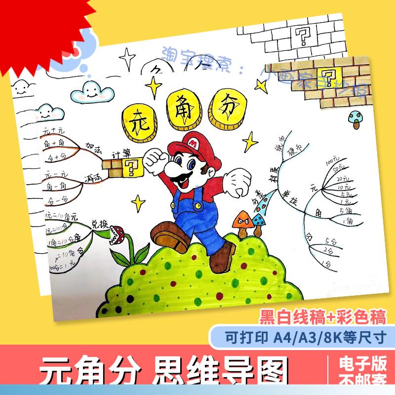 一二年级认识人民币元角分钱币手抄报数学小报黑白线稿思维导图a4