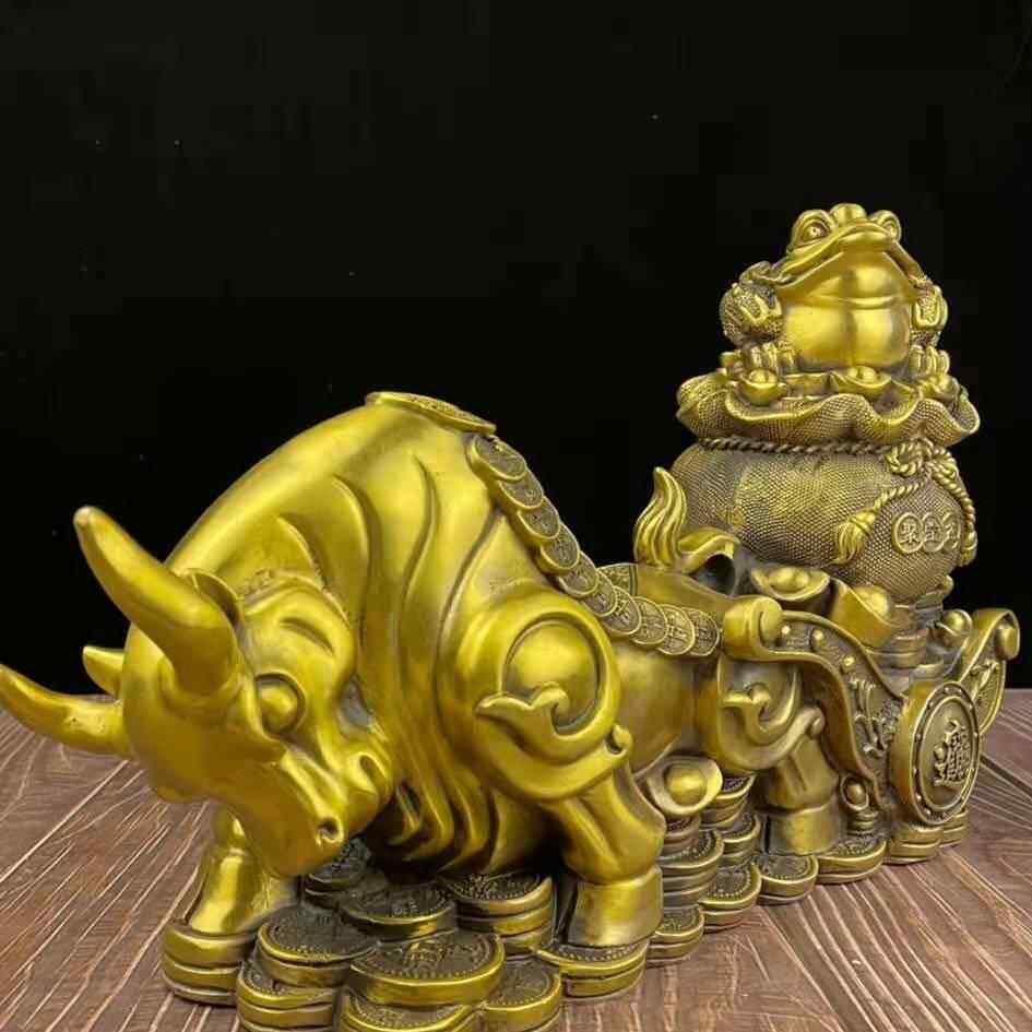 纯铜牛拉车摆件牛拉聚宝盆金蟾财袋牛生肖金牛招财家居桌面装饰品