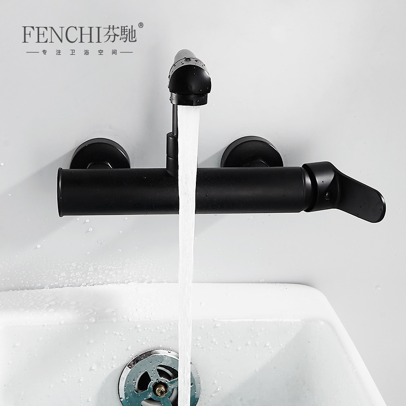 芬驰龙头北欧黑色冷热洗衣双孔